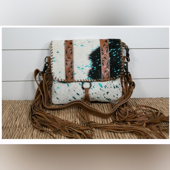 Cross Body Country Western Fringe Blue NFR Tooled Leather Bag Purse cowgirl - Picture 2 of 9